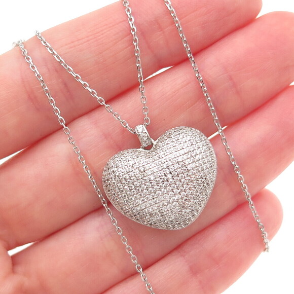 Unbranded Other - 925 Sterling Silver Italy Round-Cut C Z Puffy Heart Cable Chain Necklace 16"